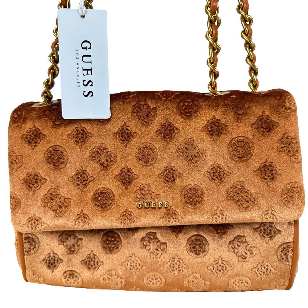 Guess Kimi Convertible Crossbody Flap Bag Cognac Brown Embossed Velvet Chic Glam